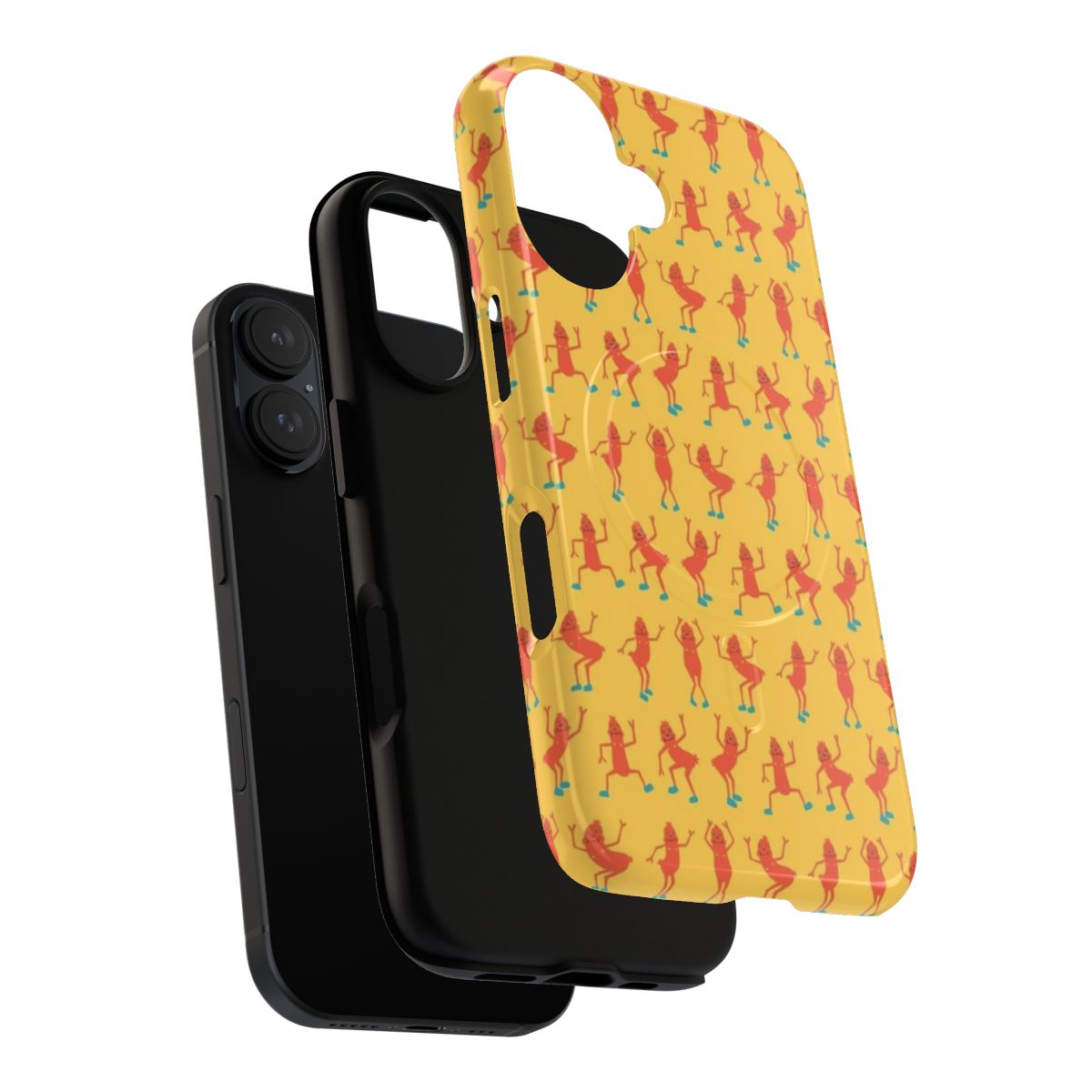 Bright and playful phone case featuring a dancing sausage illustration - Layers