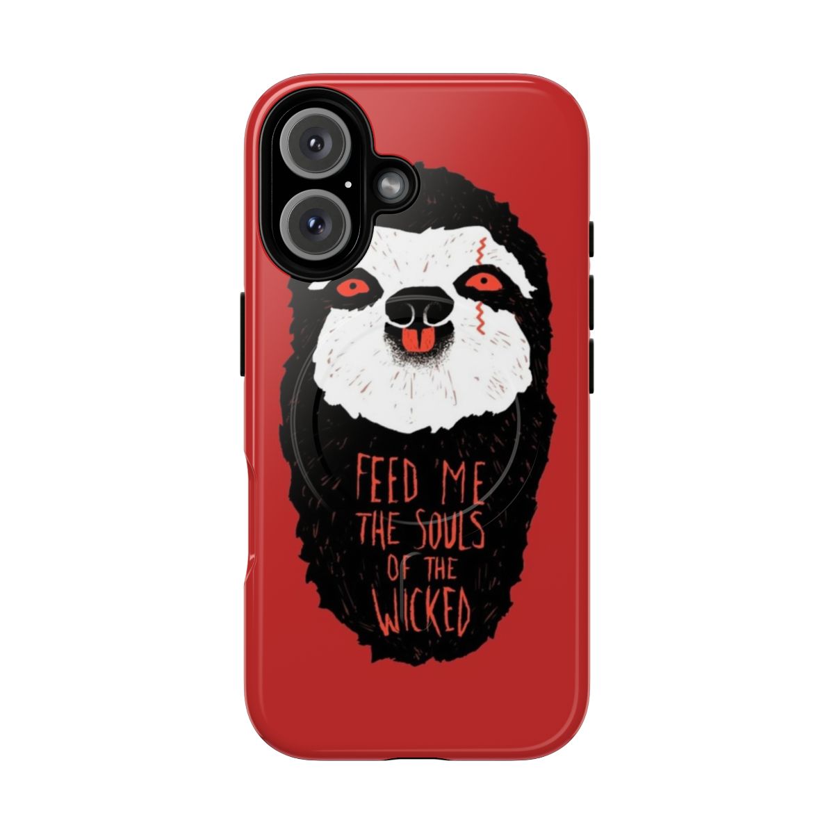 Magnetic protective phone case with a scary, demonic sloth design