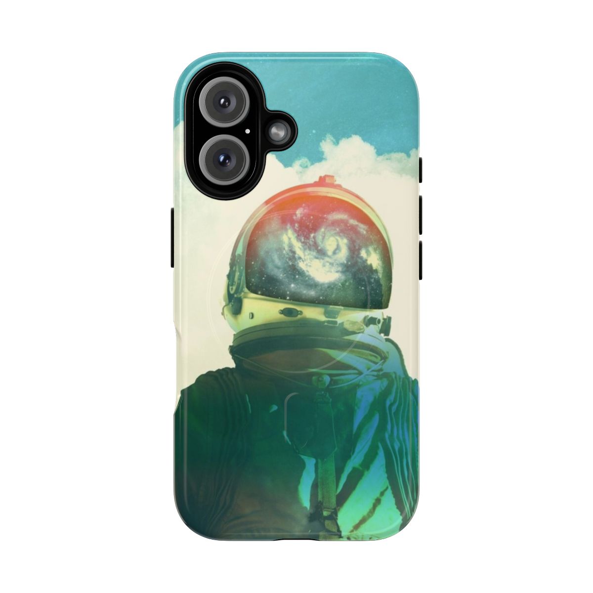 Colorful space-themed phone case with astronaut and cosmic elements