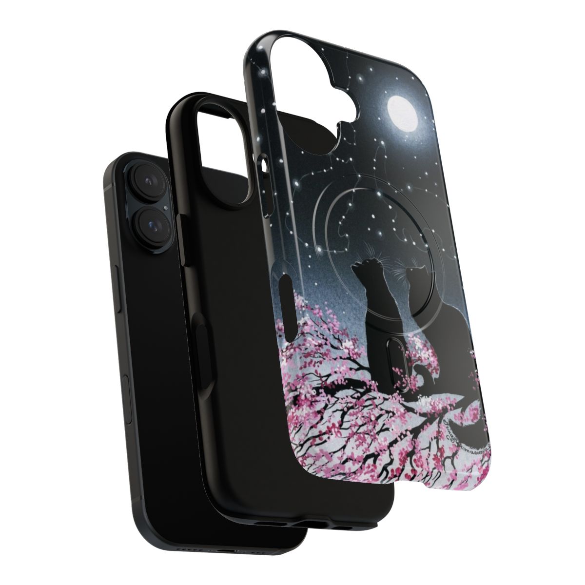 Sakura-patterned magnetic tough phone case with a black cat silhouette against a night sky with moon and stars - Layers