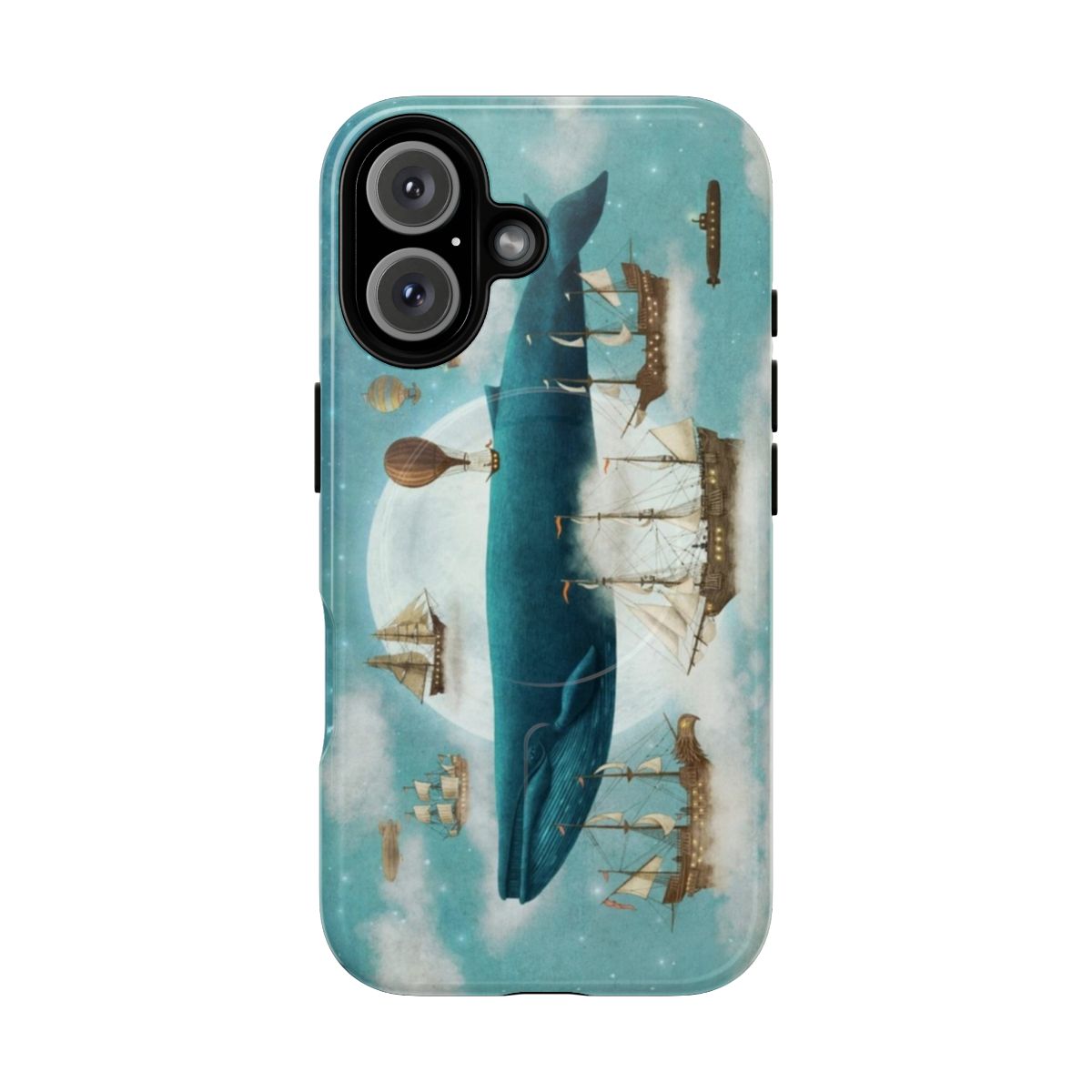 Artistic phone case with a whimsical ocean and sky scene featuring whales and ships