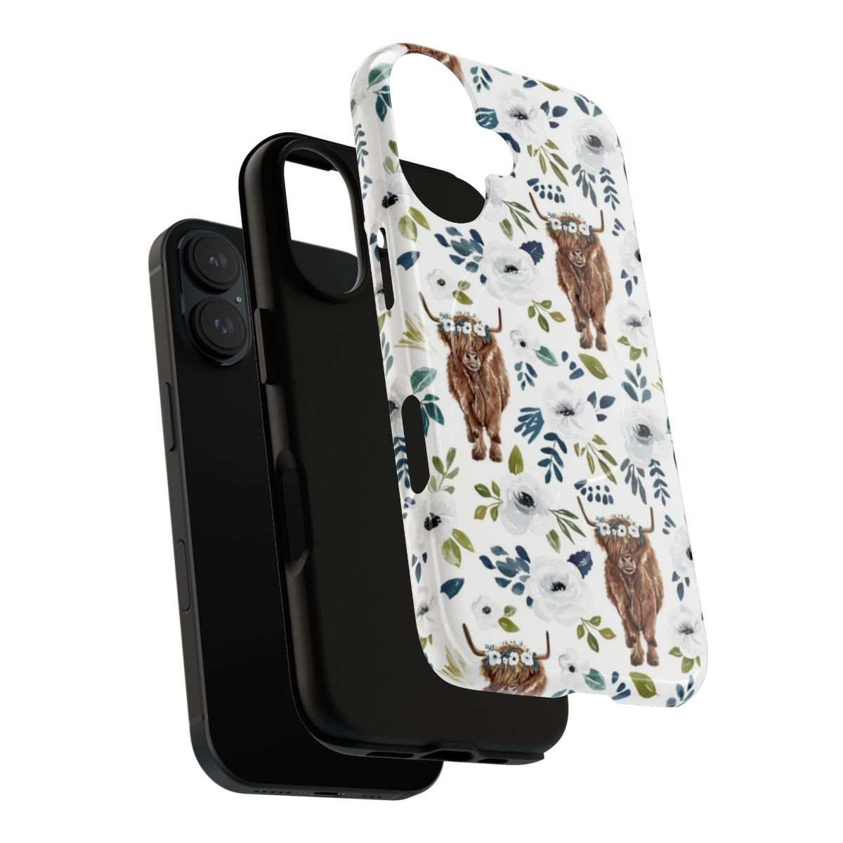 A stylish magnetic phone case featuring a painting of a highland cow adorned with a floral crown set against a backdrop of colorful flowers. - Layers