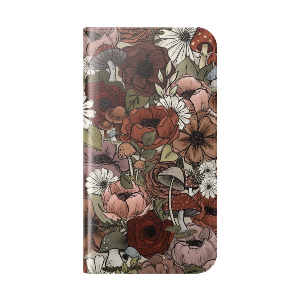 Vibrant floral and mushroom design on a phone case with a forest theme. - Folded Back