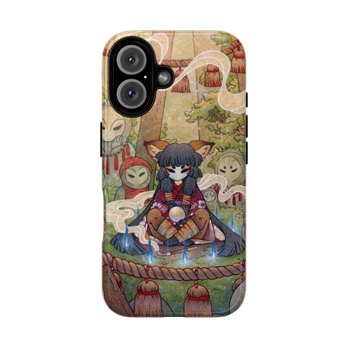 Artistic phone case featuring a watercolor and color pencil illustration of a magical fox-like creature in a forest setting.