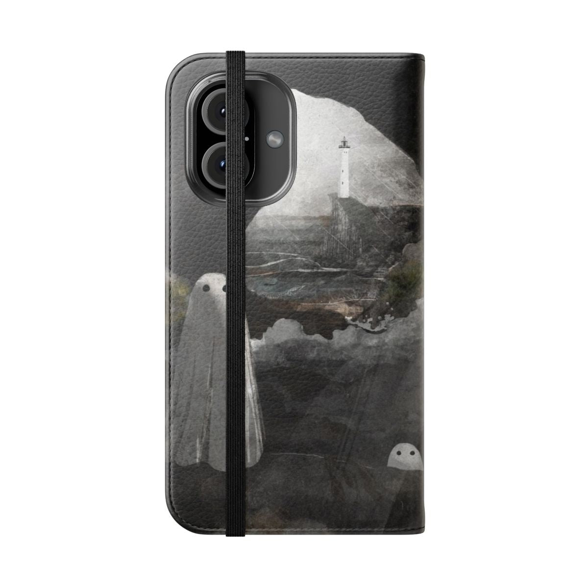 Haunting phone case with a coastal landscape design featuring a lighthouse, rocks, and a stormy ocean background. - Folded Front