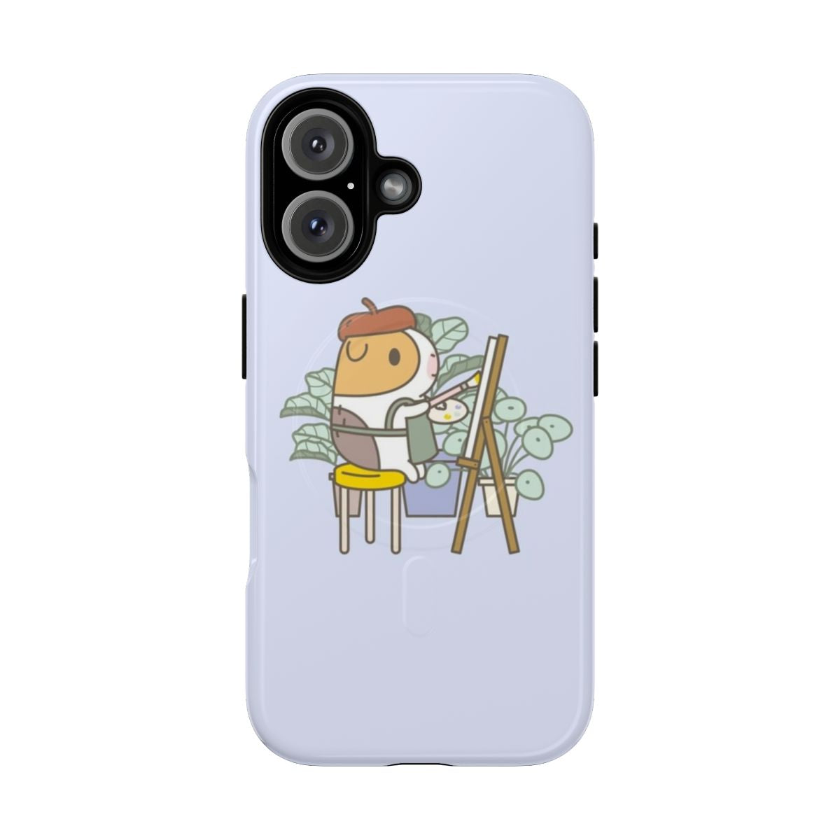 Illustration of a cute guinea pig wearing a beret and painting on a magnetic phone case