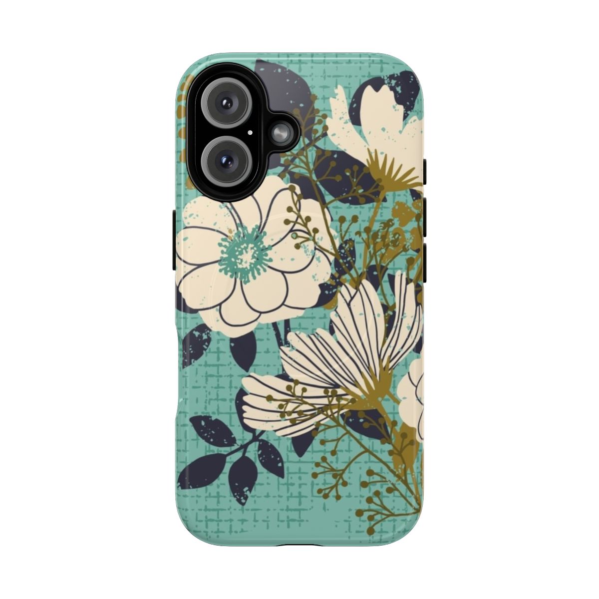 Floral bouquet phone case with vintage, distressed design on a turquoise and cream background