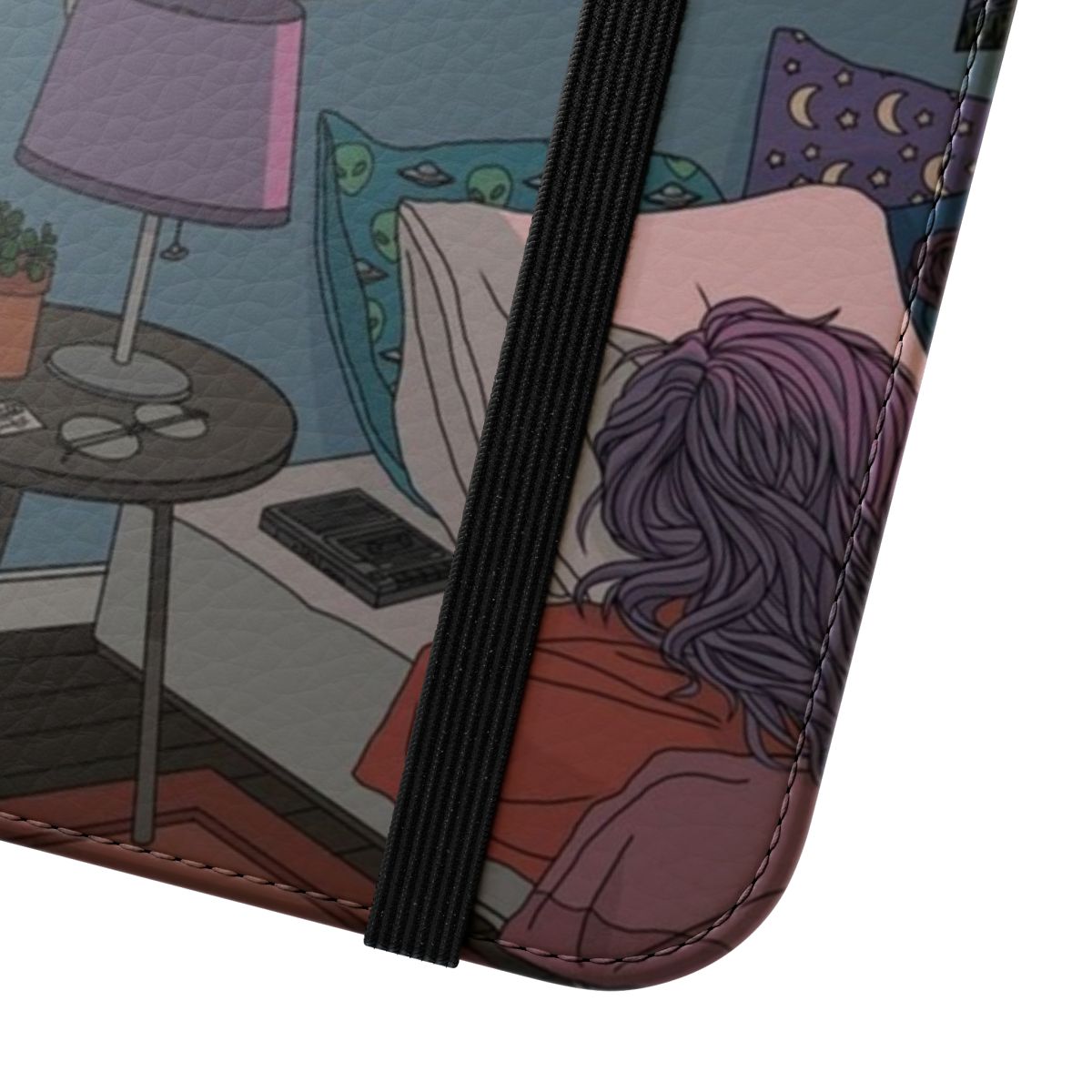 Flip cover phone case with space, cat, and plant-themed design - Close Up