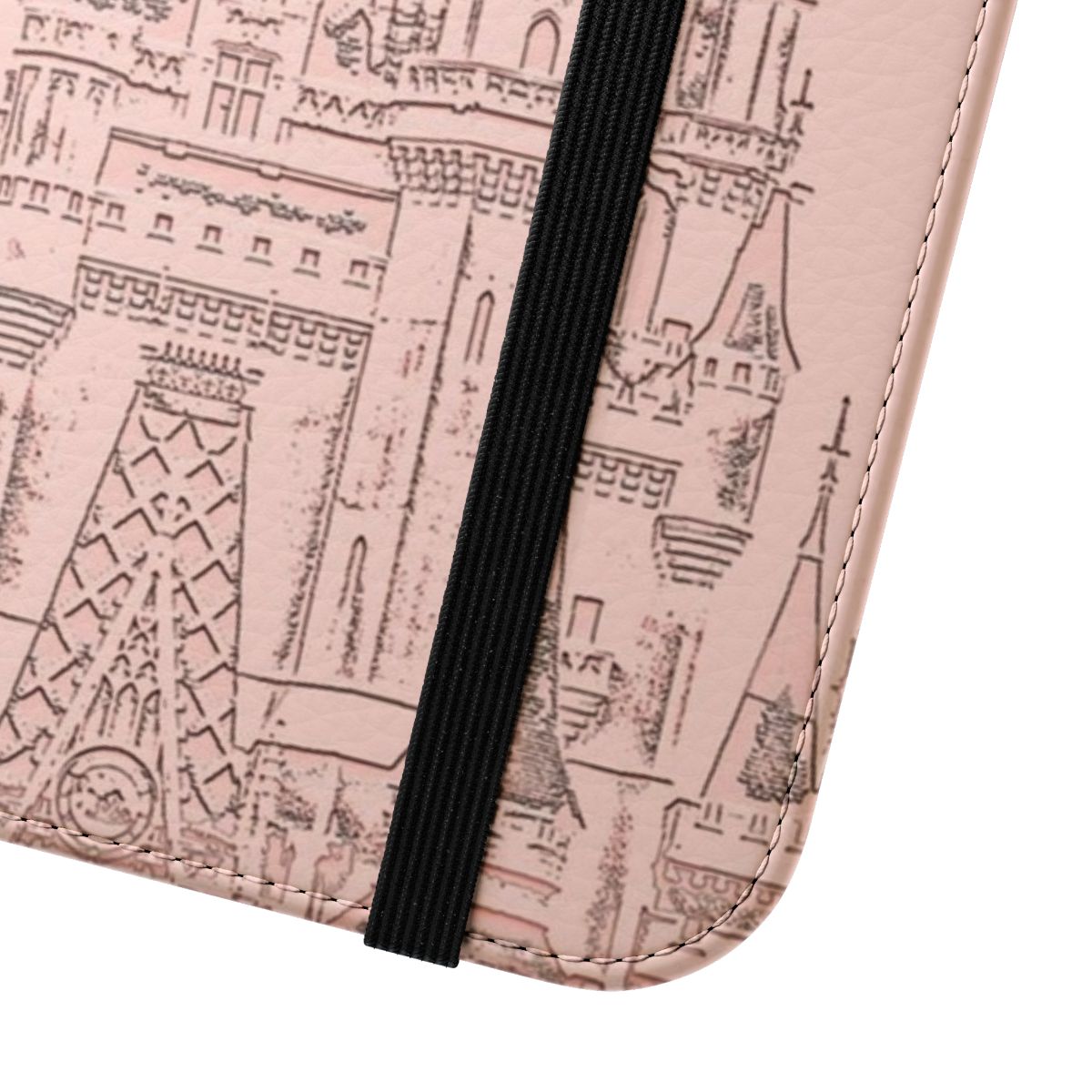 Rose gold phone case with a magical castle silhouette design - Close Up