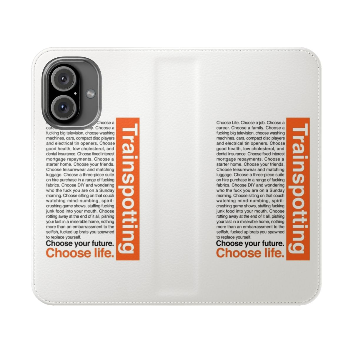 Flip cover phone case featuring a Trainspotting-inspired design