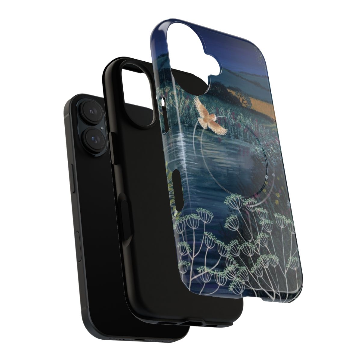 Moonlit pool and night sky phone case design featuring owls and a crescent moon - Layers