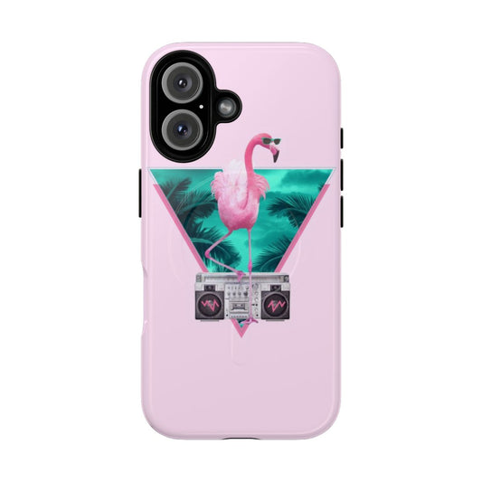 Magnetic tough phone case with a vibrant tropical flamingo design