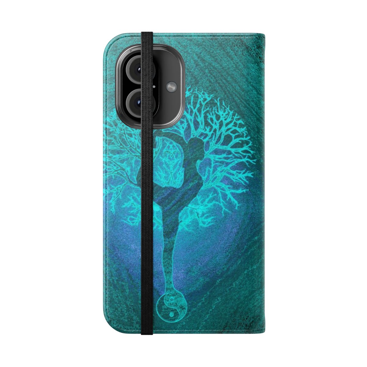 Tree of life yoga phone case in teal and aqua colors, featuring a balance and harmony design. - Folded Front