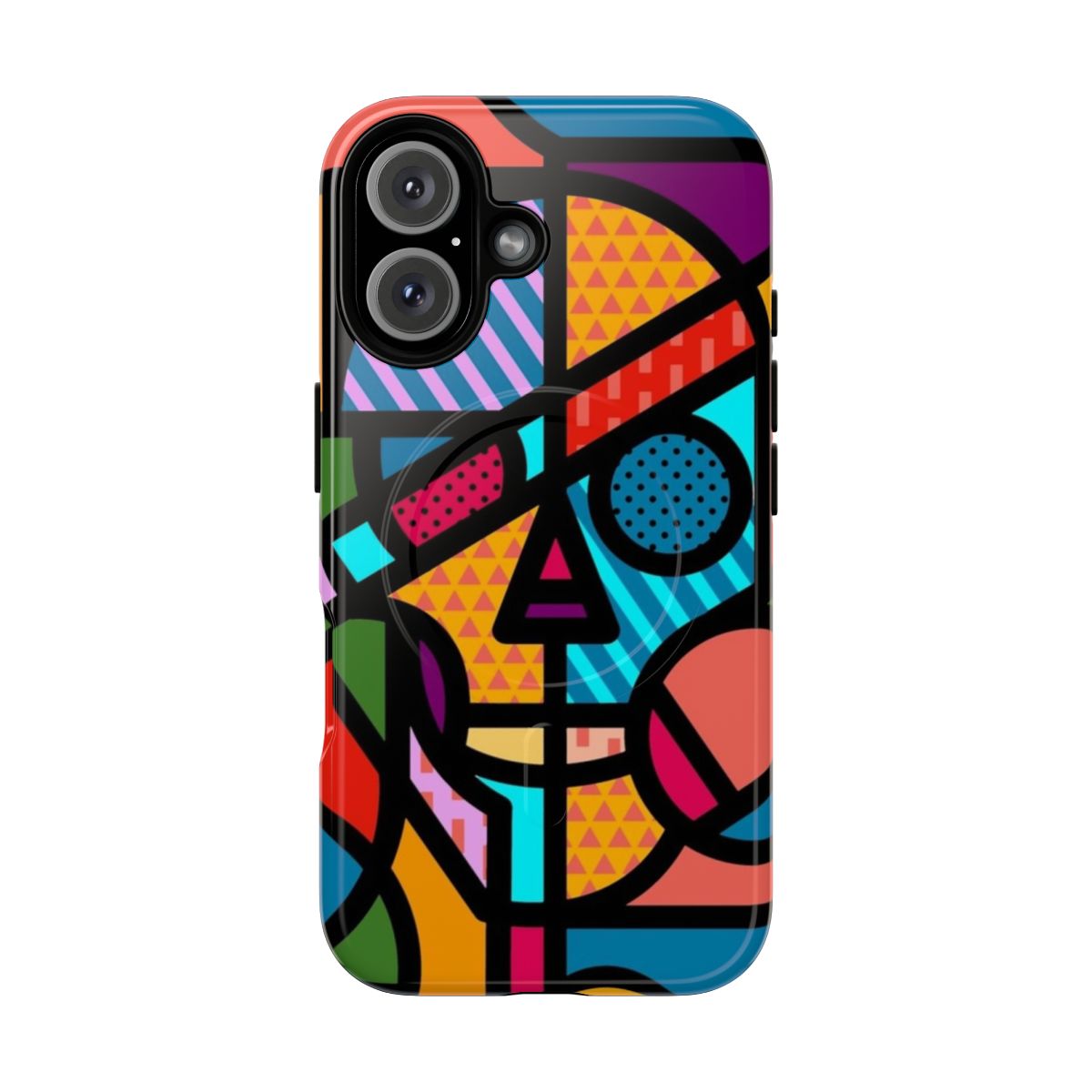 Skull-themed decorative phone case with colorful, modern, and abstract pop art design