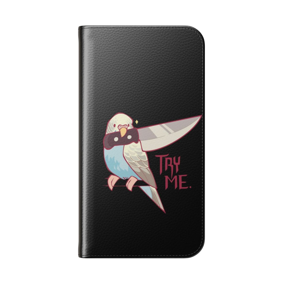 Colorful flip-cover phone case featuring an illustration of a female budgerigar or parakeet bird. - Folded Back