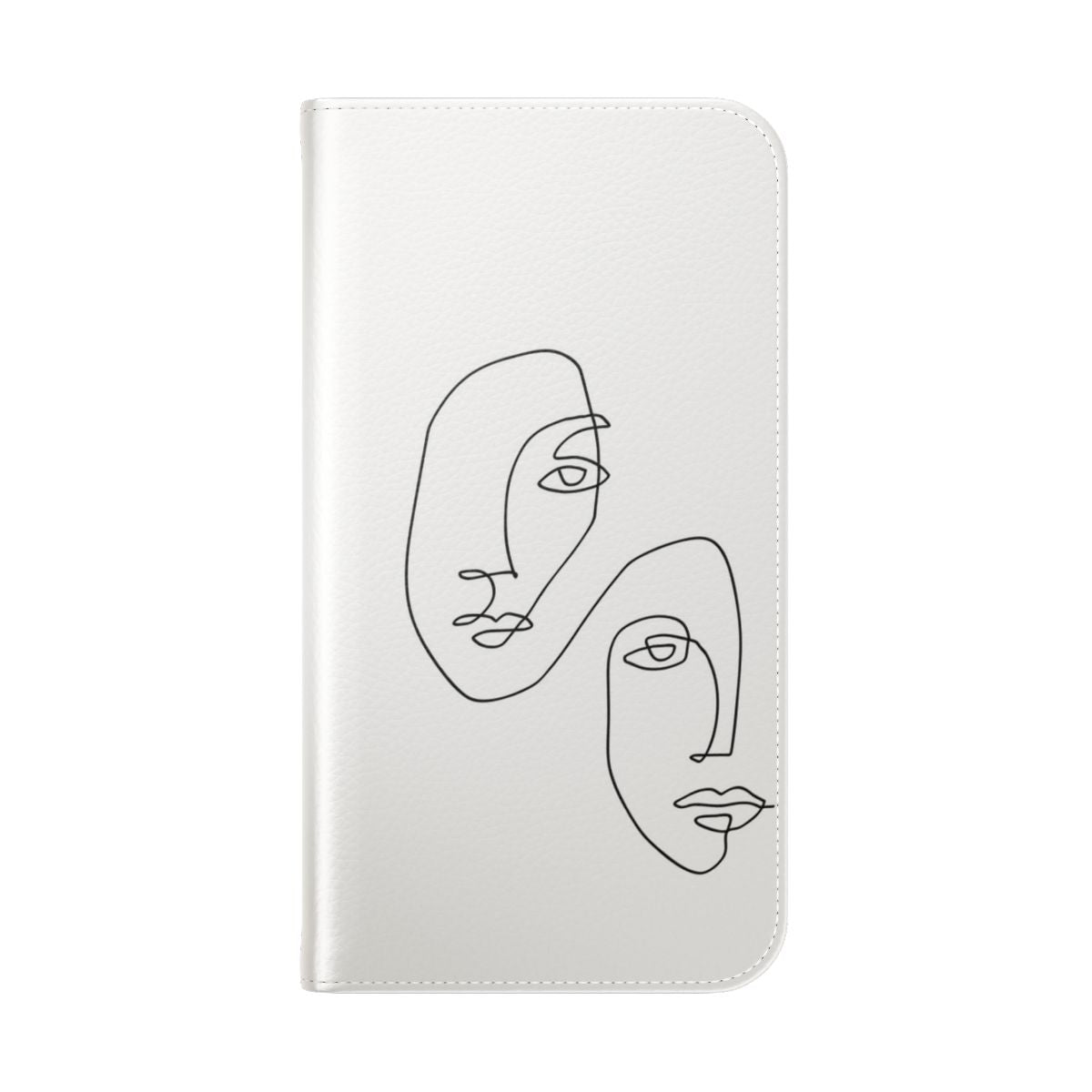 A modern, minimalist phone case featuring a simple, continuous line drawing of abstract faces. - Folded Back