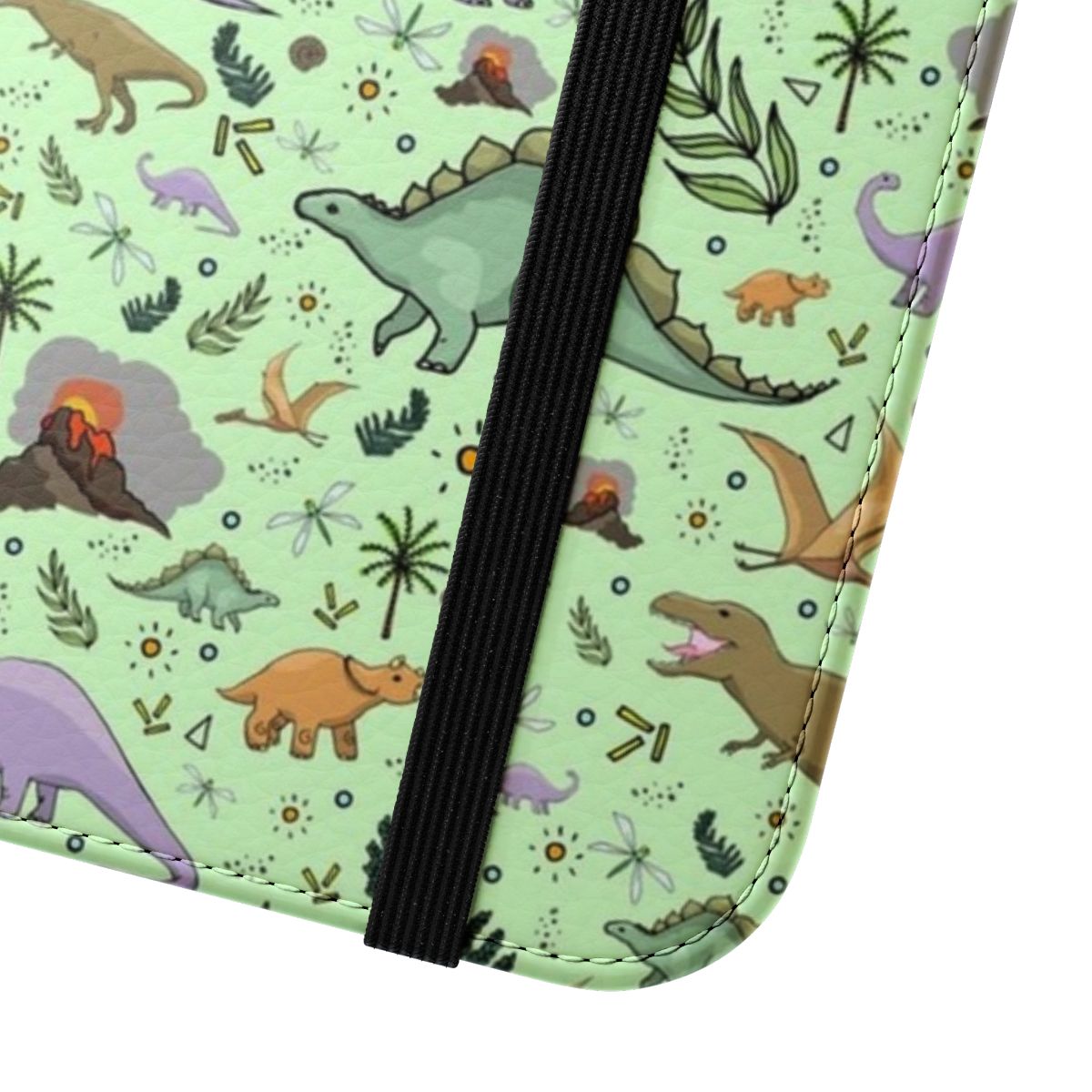 A colorful flip cover phone case featuring a playful dinosaur pattern in shades of green. - Close Up