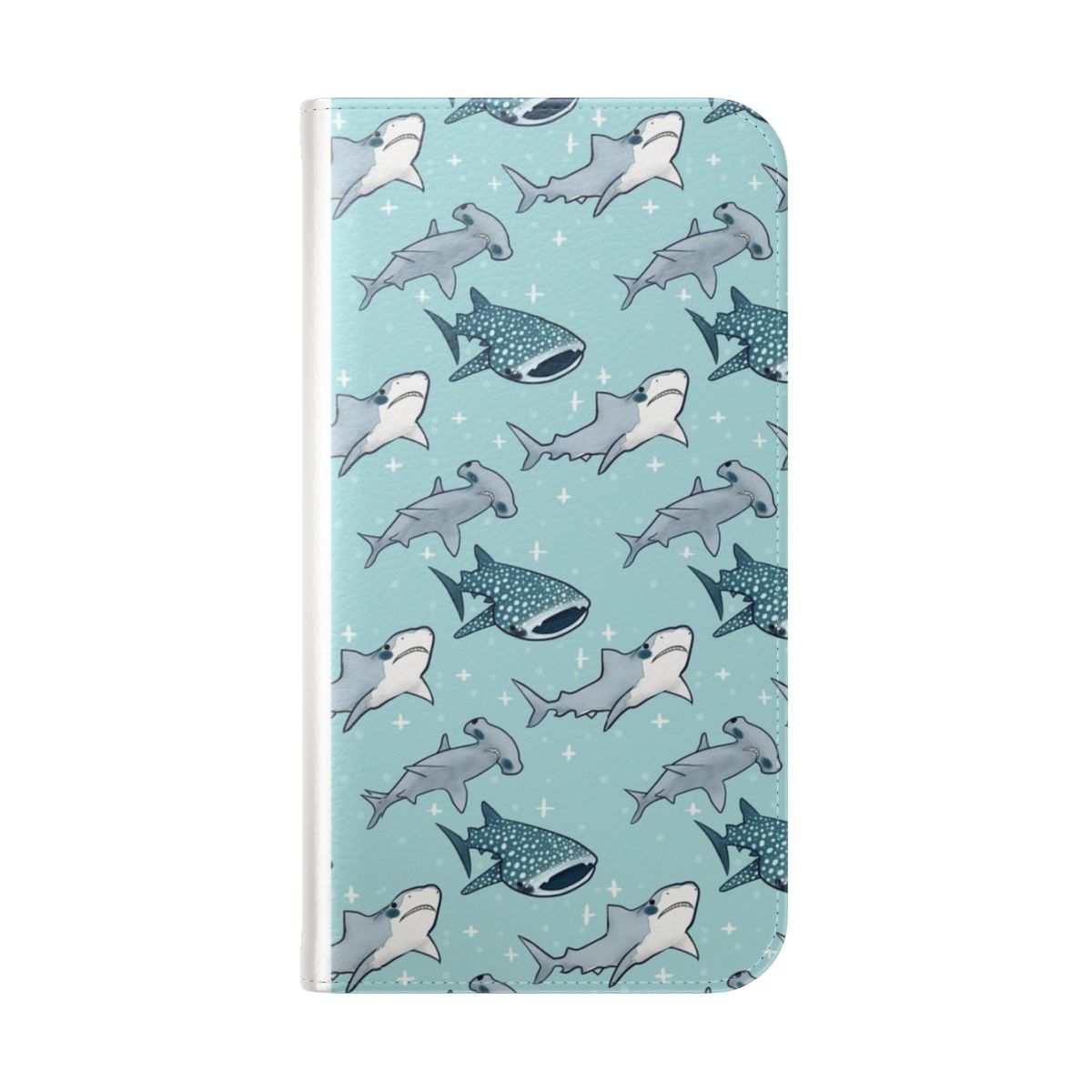 Blue and white shark pattern design on a flip phone case cover - Folded Back