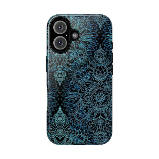 Detailed floral and botanical doodle pattern in teal, black, and aqua colors on a phone case