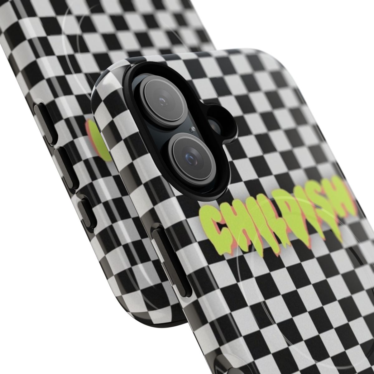 Magnetic tough phone case with a black and white "Childish" design inspired by TGFbro - Detail