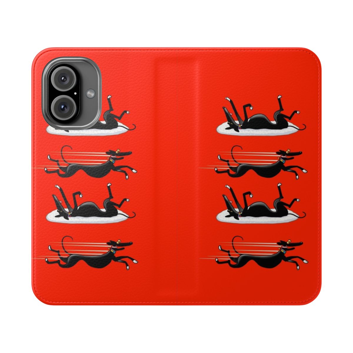 Vibrant red flip cover phone case featuring a cartoon greyhound design