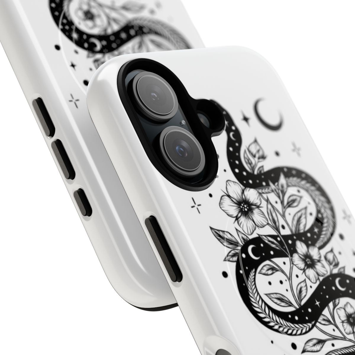 Black magnetic phone case with a serpent and botanical design in a dark, mystical style. - Detail