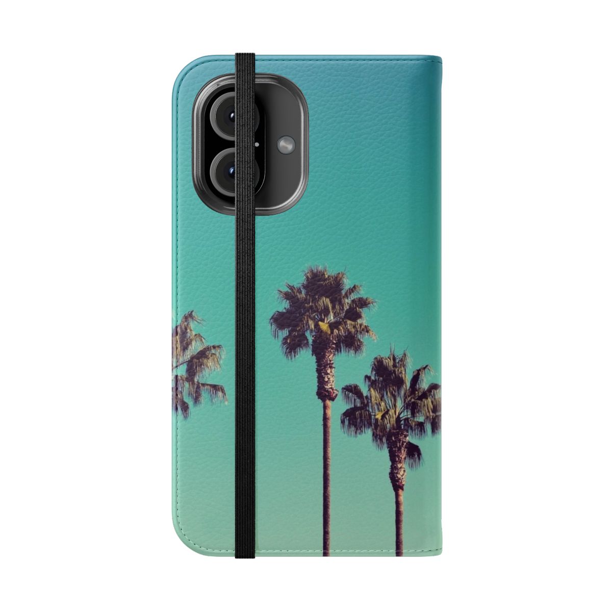 Vibrant phone case featuring a minimalist design of palm trees against a turquoise and blue background, representing the natural beauty of California. - Folded Front