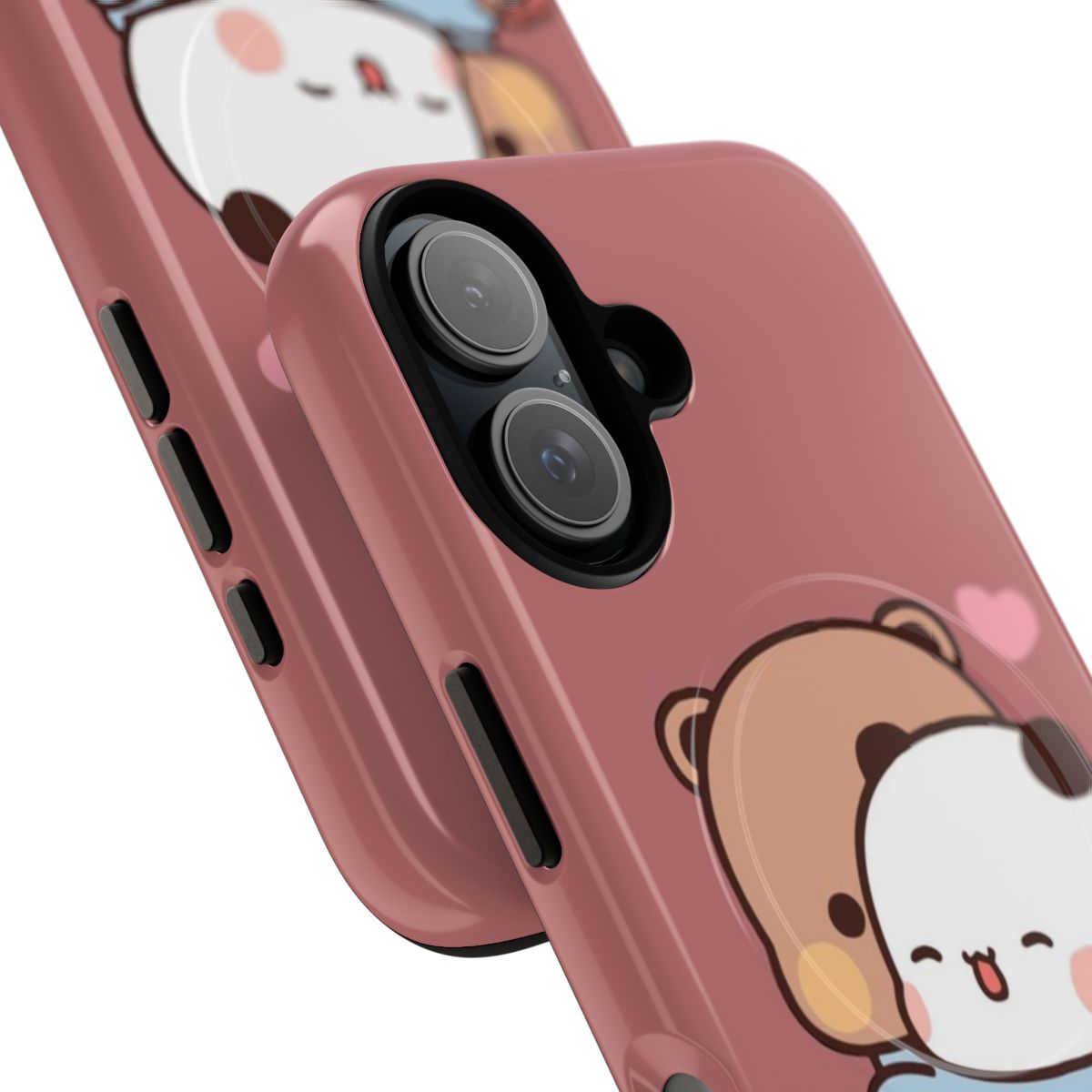 Illustration of a panda bear and a brown bear cuddling in a cozy hoodie on a phone case - Detail