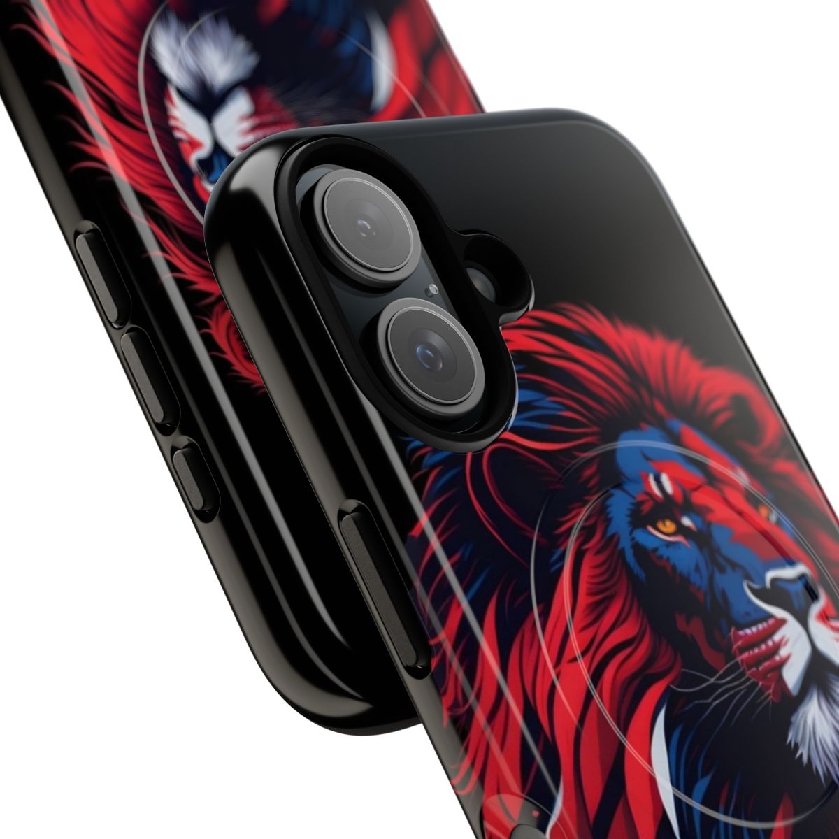 Patriotic phone case featuring a lion head design with the American flag colors and symbols. - Detail