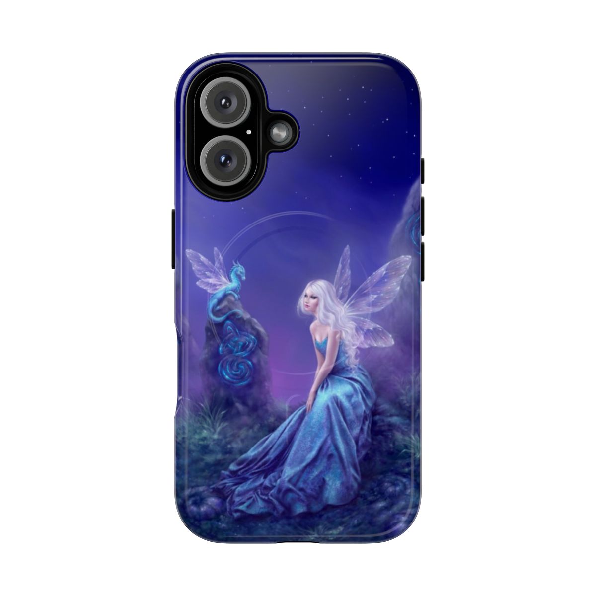 Luminescent fairy and dragon art decorating a tough phone case