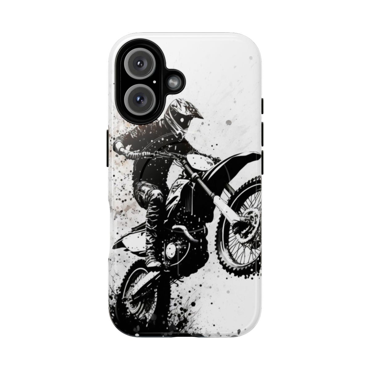 Dirt bike wheelie phone case with black splash and white background