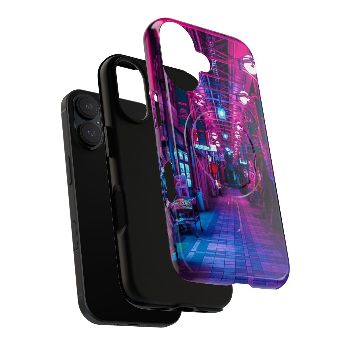 Vibrant phone case featuring a futuristic, neon-lit alley in a cosmic, dreamscape setting. - Layers