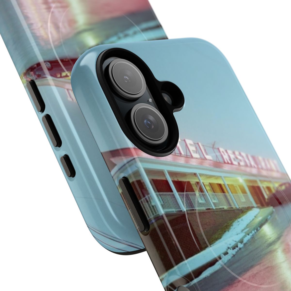 Artistic photography of rainy motel lights and reflections on a magnetic phone case. - Detail