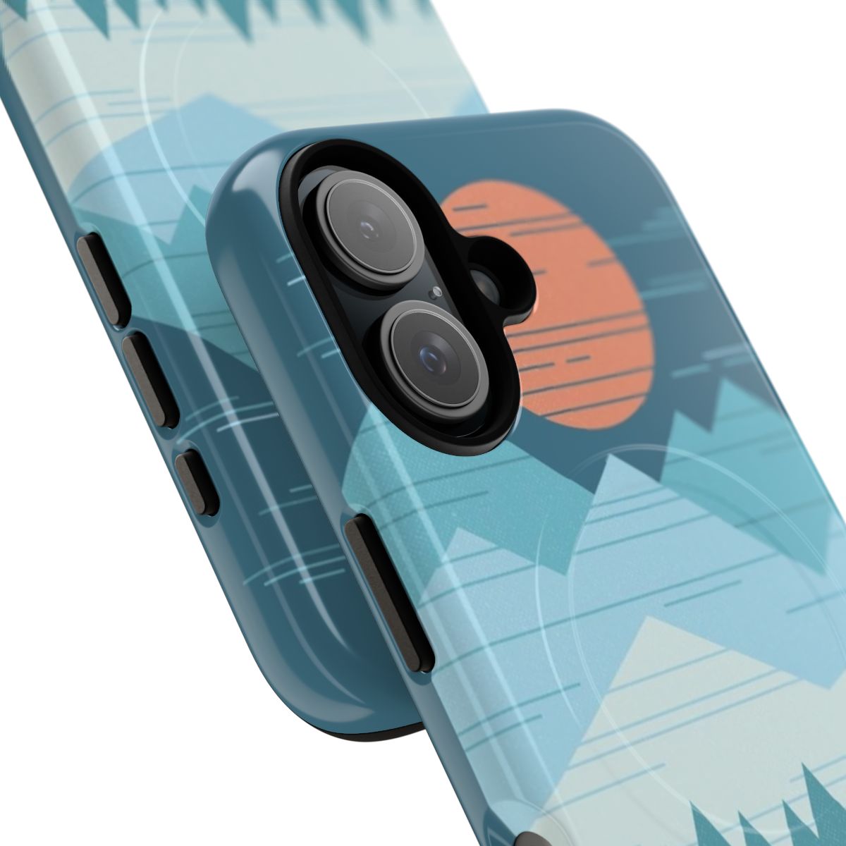 Snowy winter cabin phone case with pastel colors and mountain graphics - Detail