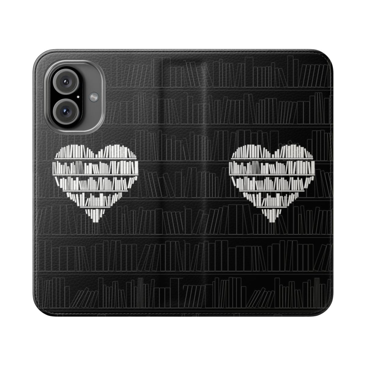 Stylish phone case for book lovers, featuring a book design and heart symbol.