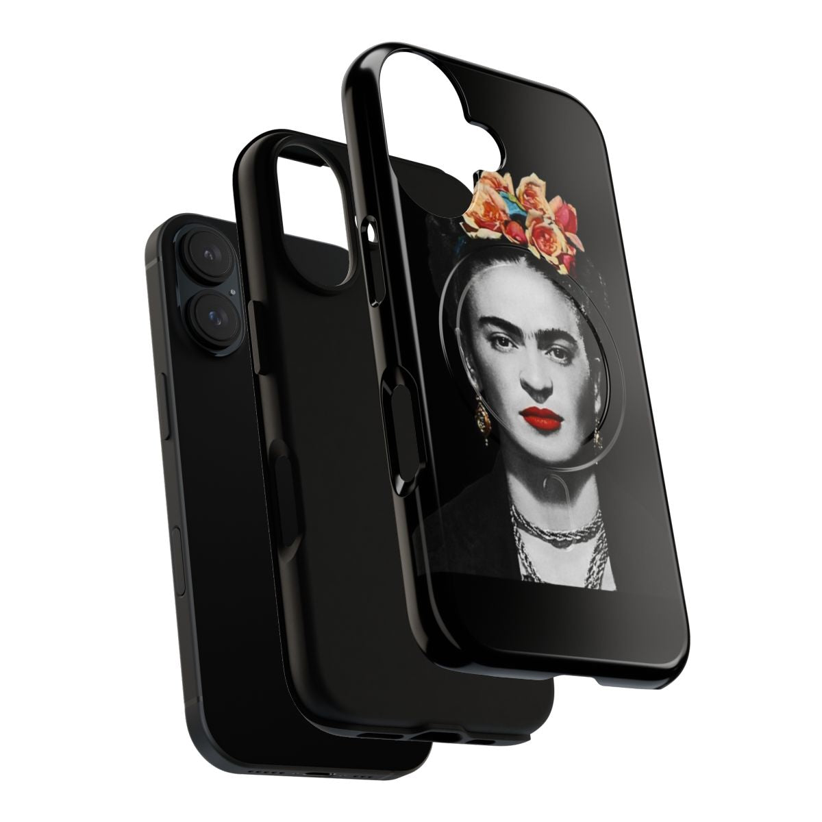 A phone case featuring a black and white watercolor portrait of the iconic Mexican artist Frida Kahlo. - Layers