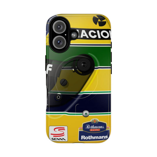 Magnetic tough phone case featuring an illustration of Ayrton Senna's iconic 1991 helmet design