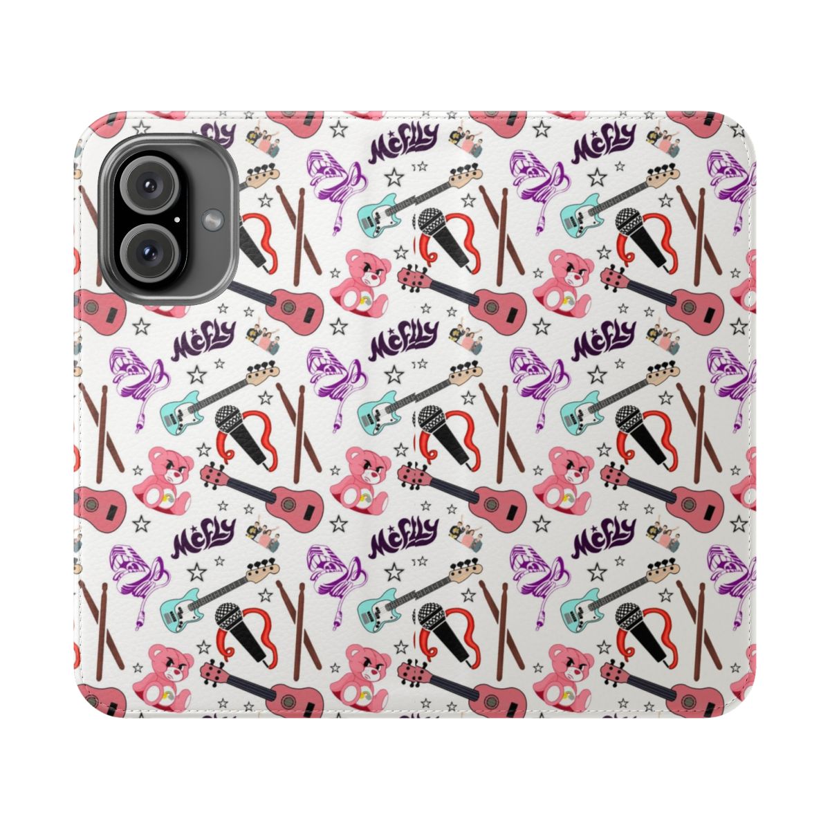 A customizable flip phone case with a repeating pattern design inspired by the 2000s pop band Mcfly.