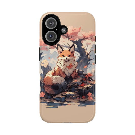 Vibrant illustration of a Japanese kitsune (fox spirit) on a protective phone case