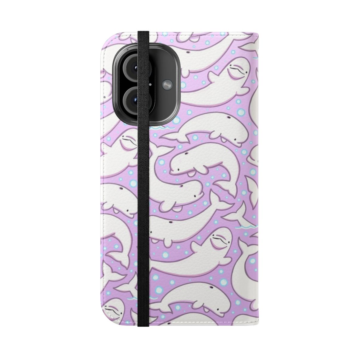 A white beluga whale surrounded by colorful bubbles on a phone case. - Folded Front