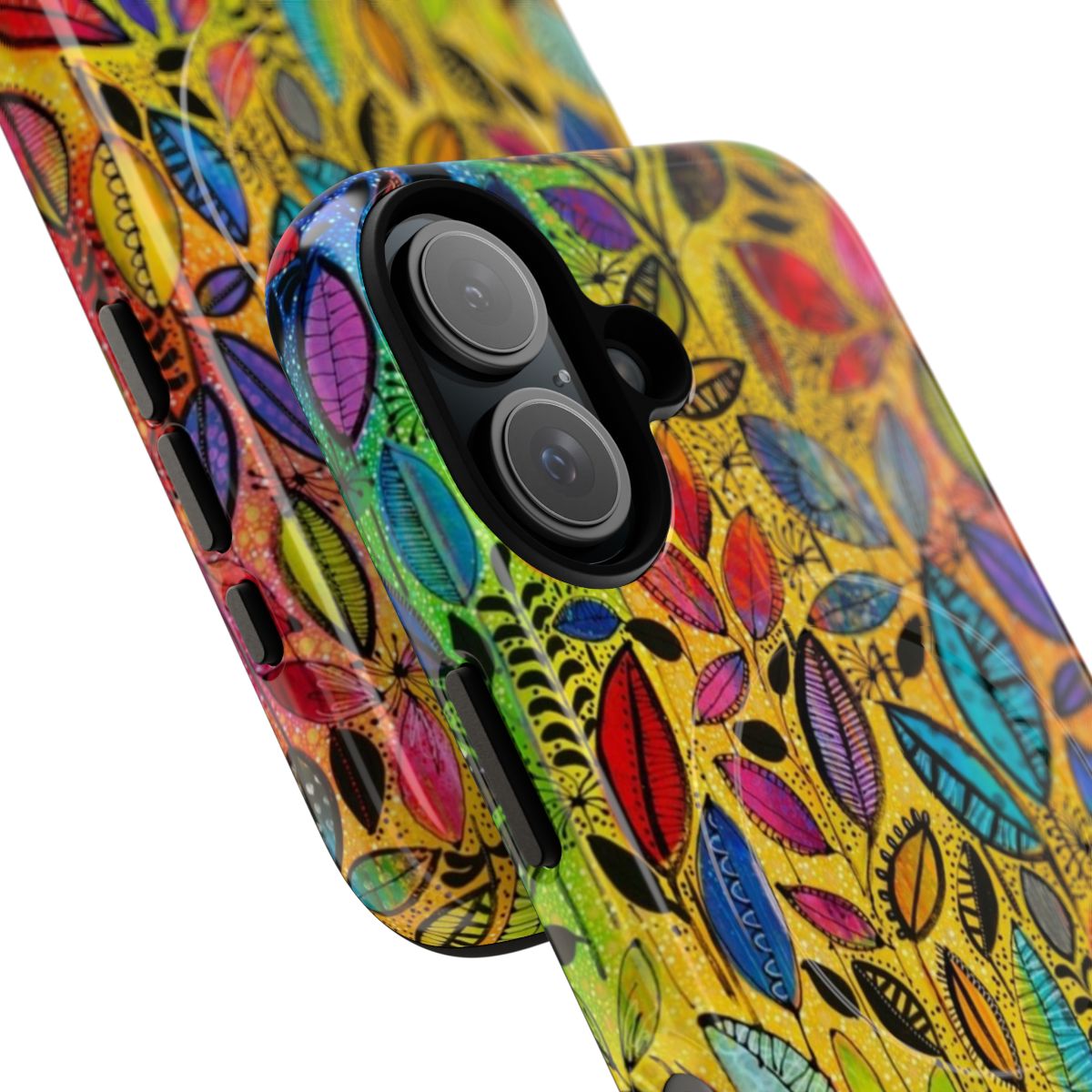 Close-up of a colorful, nature-inspired phone case featuring a botanical design with leaves, flowers, and a rainbow-like pattern. - Detail