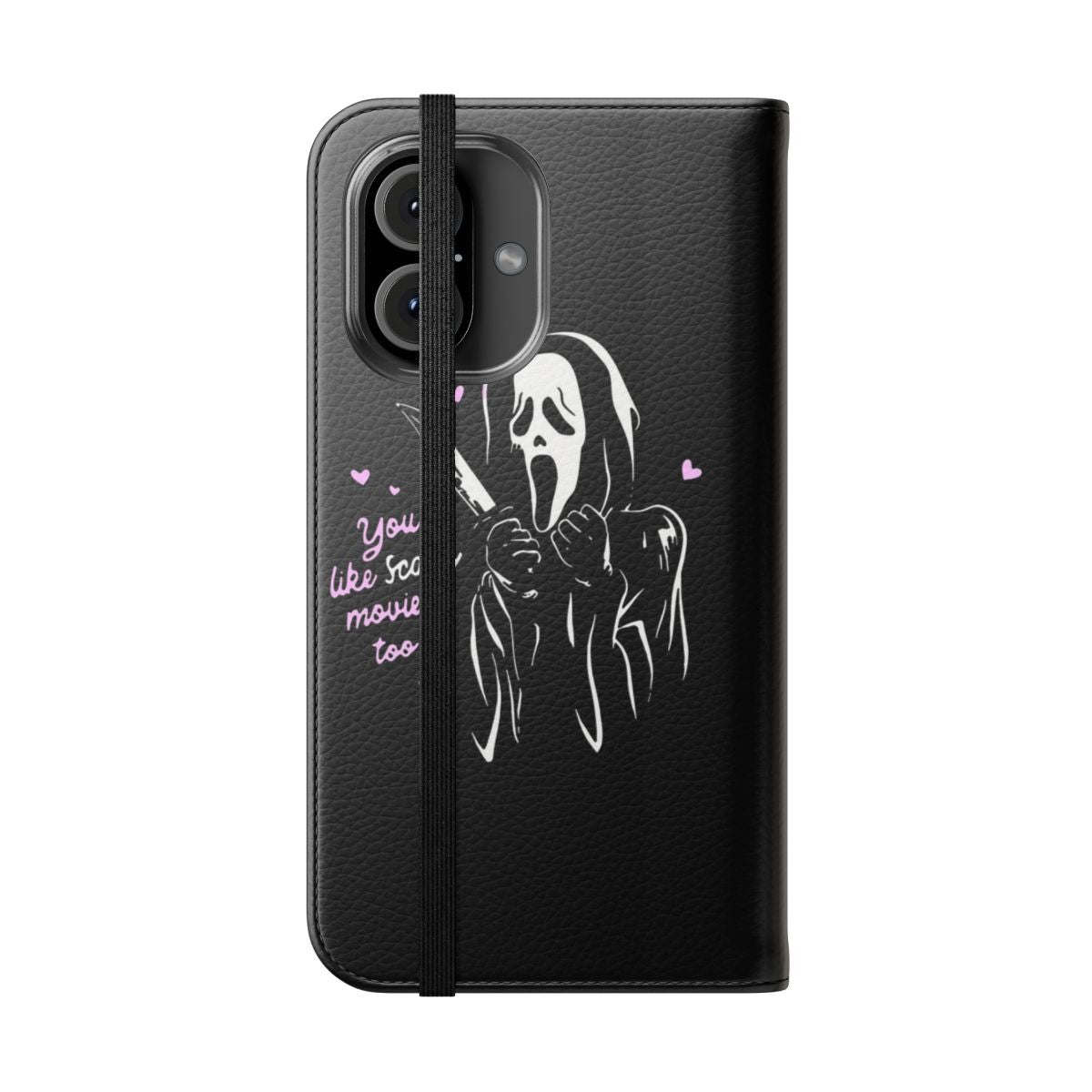 Ghostface-inspired flip phone case with iconic horror movie imagery - Folded Front