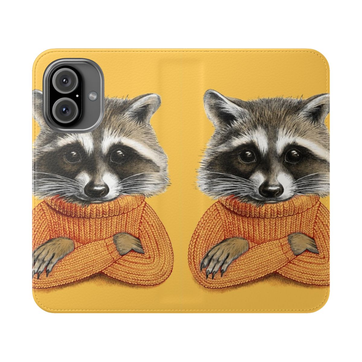 Illustration of a raccoon wearing a cozy winter sweater on a phone case cover