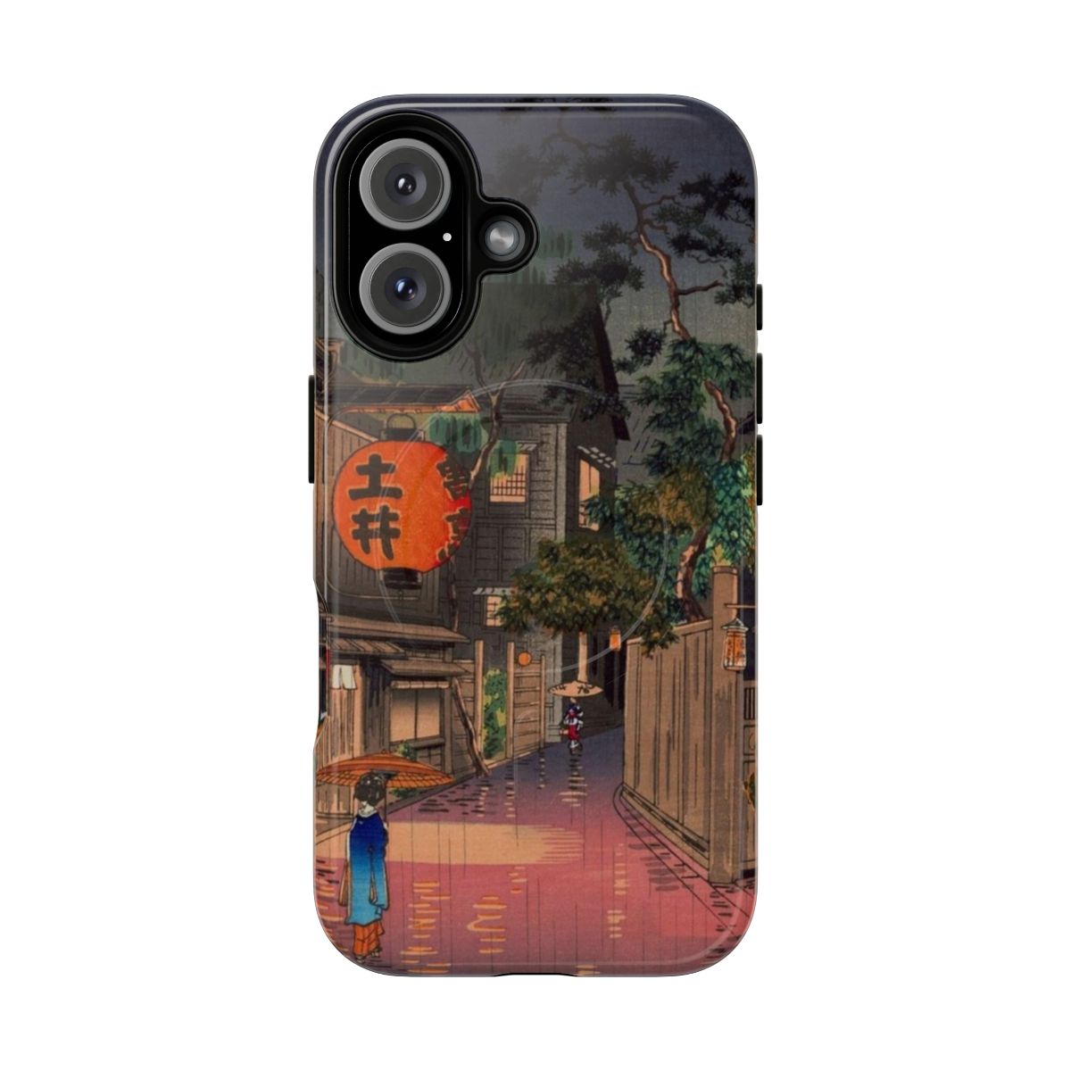 A phone case featuring a rainy night street scene in the Japanese artistic style of ukiyo-e wood block prints.