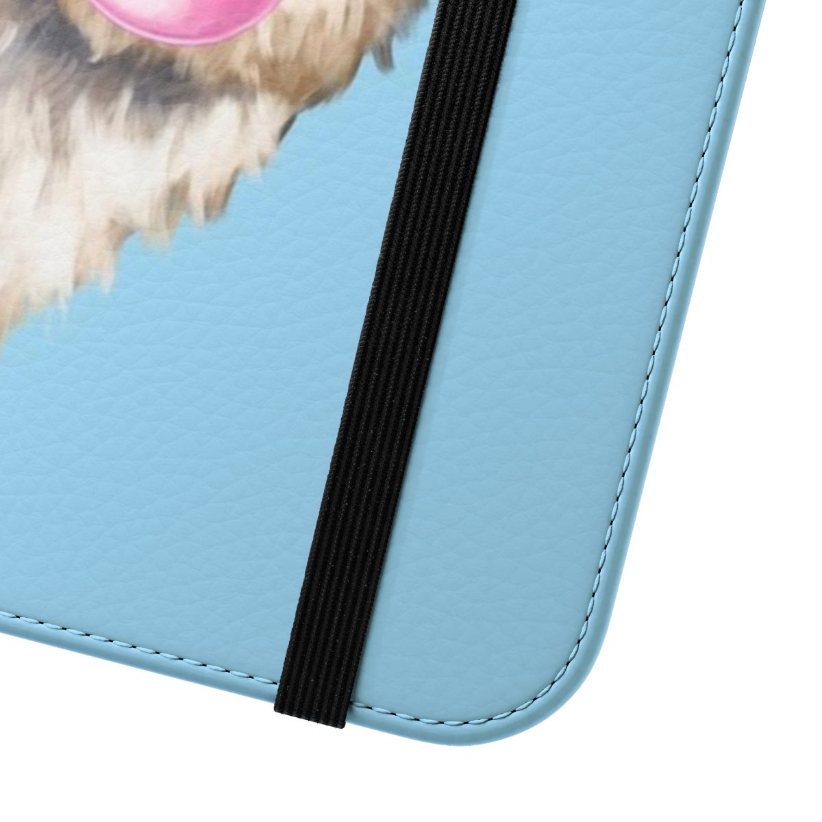 Illustration of a sneaky llama blowing bubble gum on a blue flip phone case - Close Up