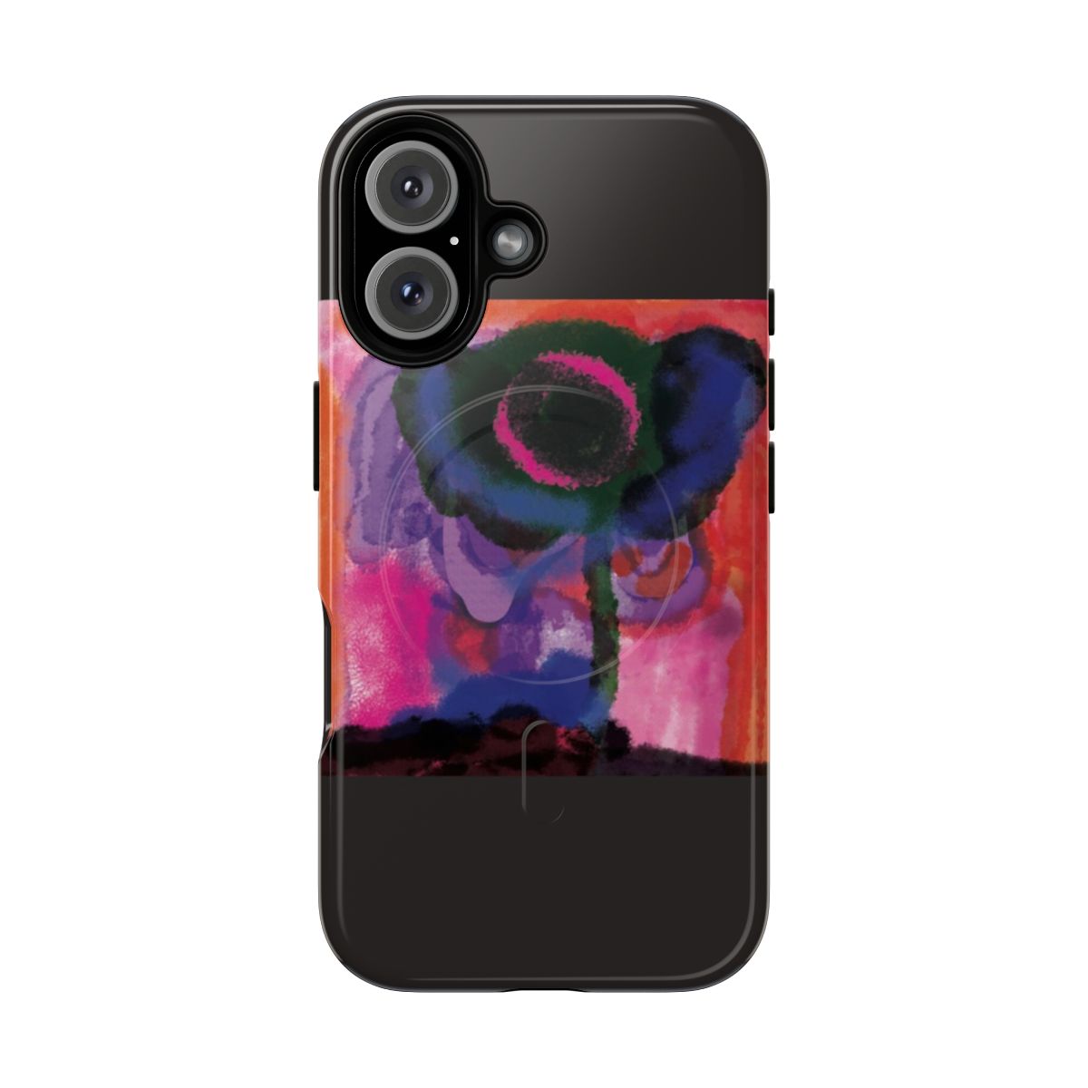 A vibrant phone case featuring a floral design in various colors including red, orange, purple, green, and blue.