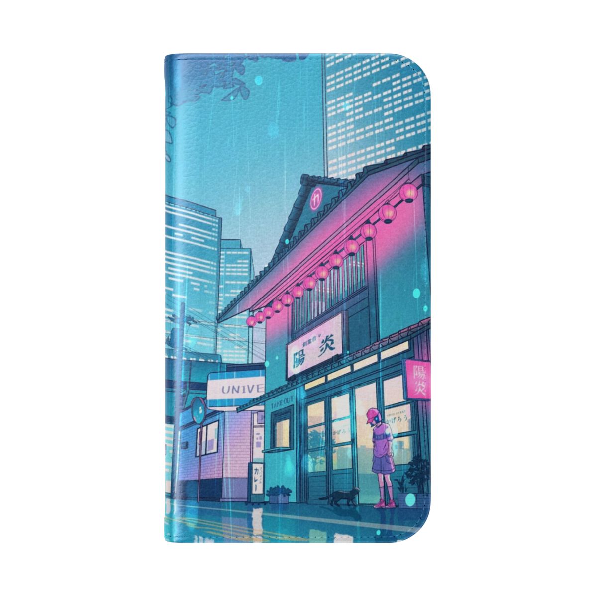 Retro cyberpunk-inspired flip phone case with kawaii anime girl and city night design - Folded Back