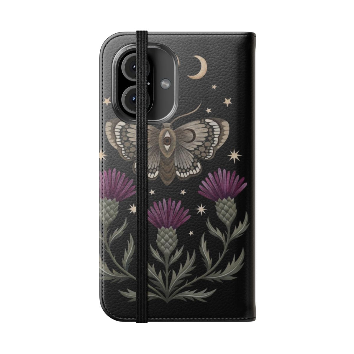 A phone case featuring a moth, crescent moon, and thistle flowers in a mystical, nature-inspired design. - Folded Front