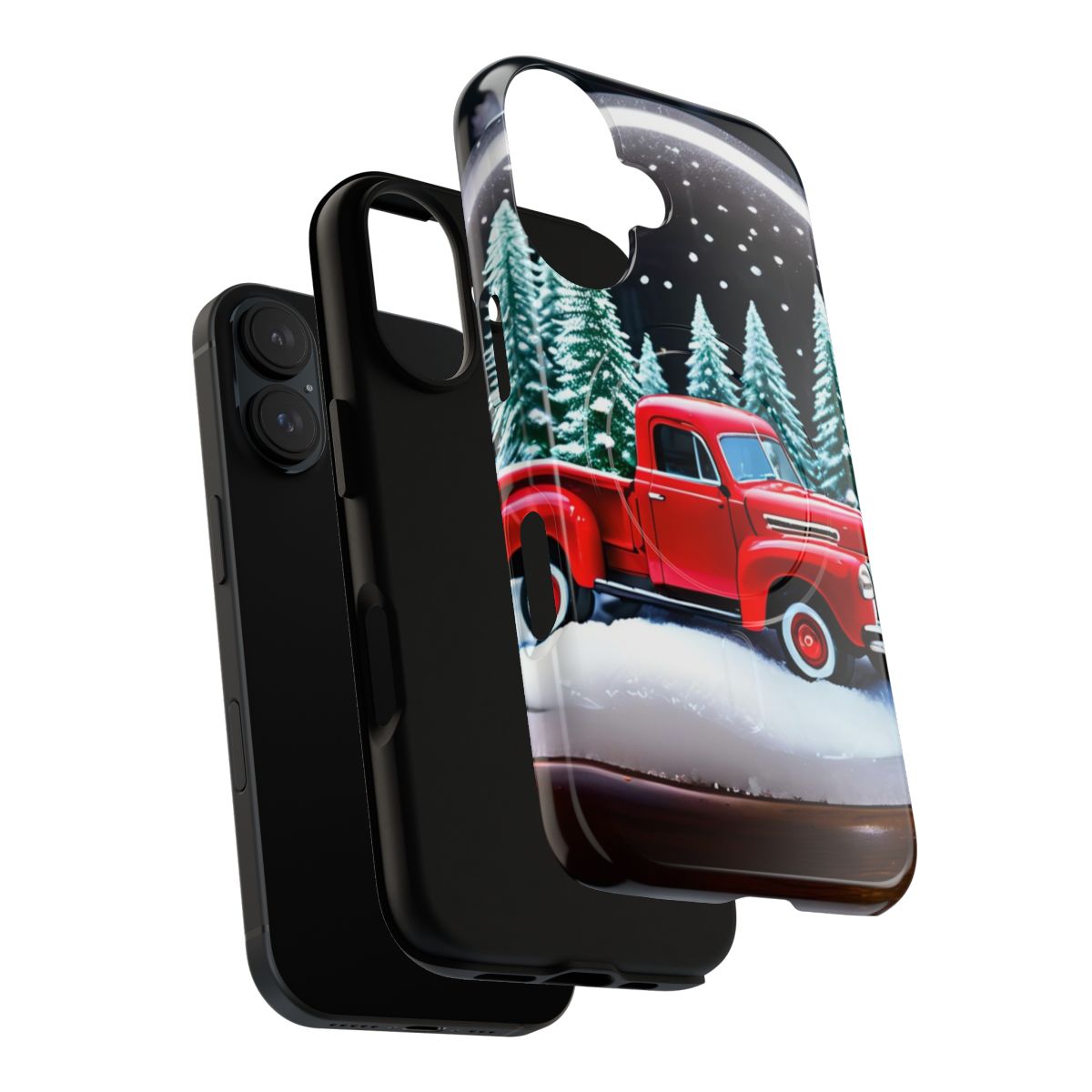 Vintage red truck phone case with snow globe, pine trees, and holiday background - Layers