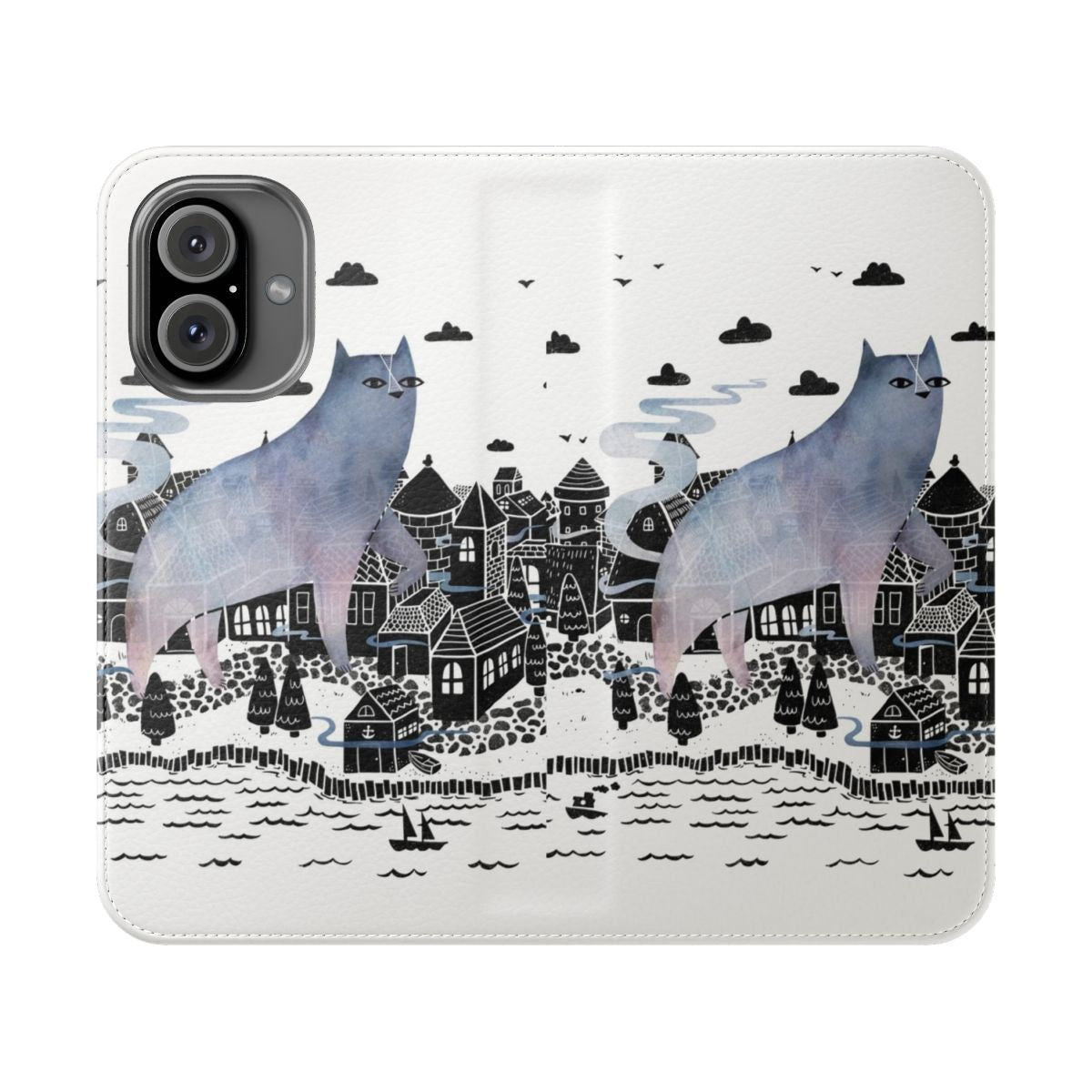 A moody and mystical flip cover phone case featuring a watercolor landscape of a foggy town.